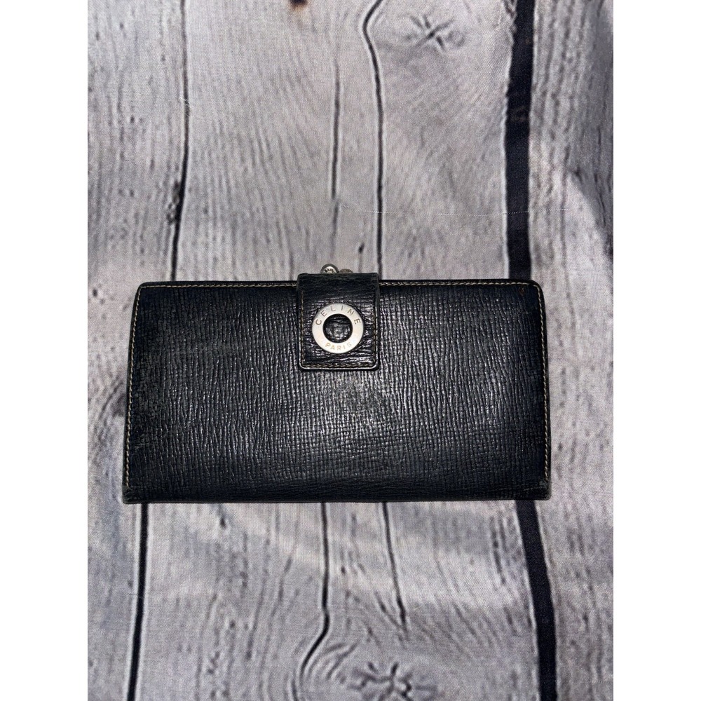 Celine Vintage Black Leather Folding Wallet with Circle Logo